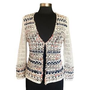 Zozo Crochet Cream Cardigan SMALL Linen Blend Beachy Coastal Boho Grannycore